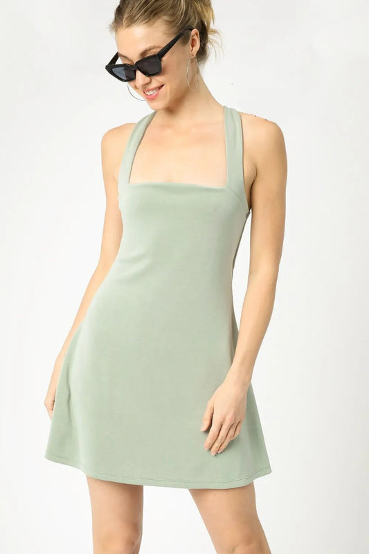 Crisscross Square Neck Active Dress - Sage