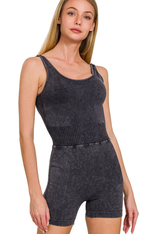 Washed Sports Romper with Bra Pads - Black