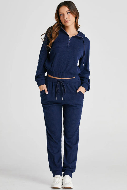 Half-Zip Hoodie and Joggers Set - Navy, full outfit