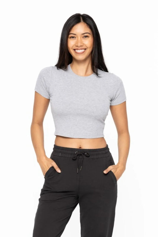 Micro-Ribbed Cropped Athleisure Tee - Heather Grey