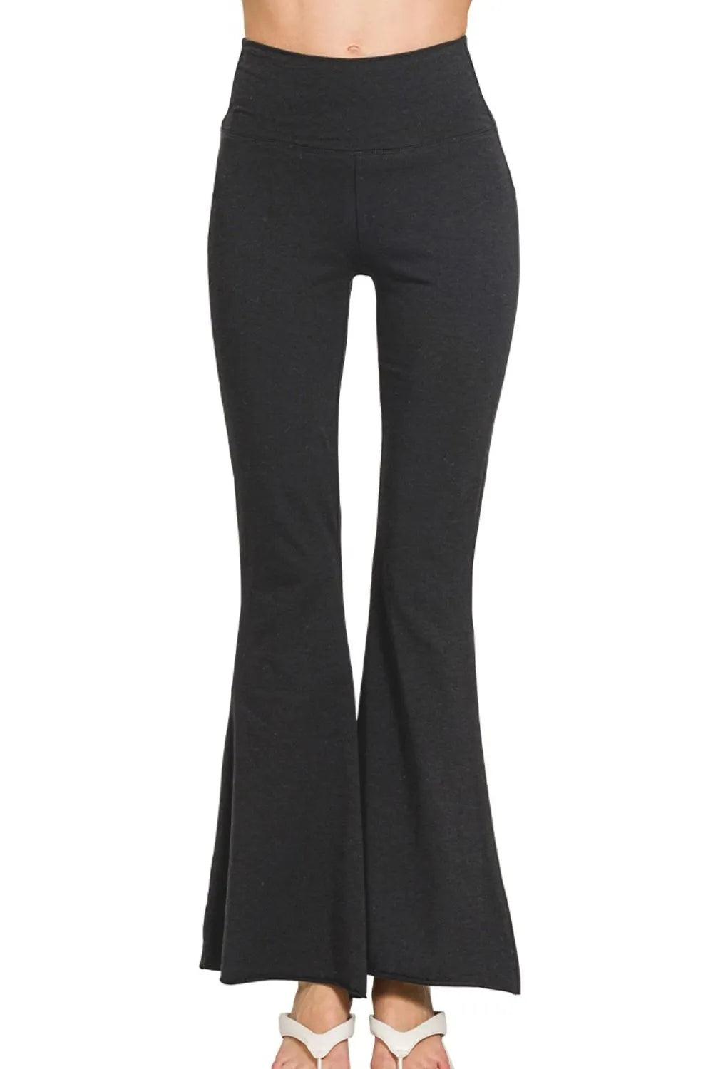 Raw Hem Flare Yoga Pants - Black