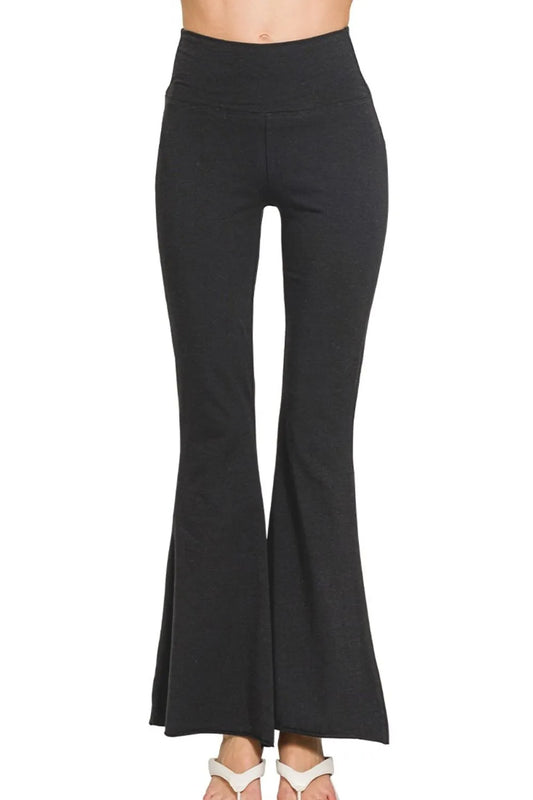 Raw Hem Flare Yoga Pants - Black